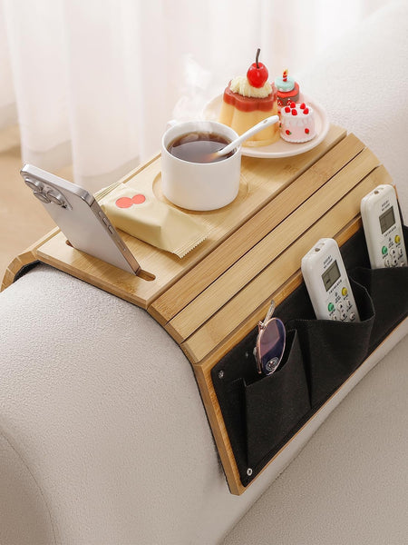 Sofa Armrest Tray With Side Pockets Holders