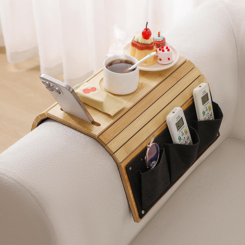 Sofa Armrest Tray With Side Pockets Holders