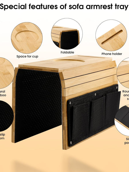 Sofa Armrest Tray With Side Pockets Holders