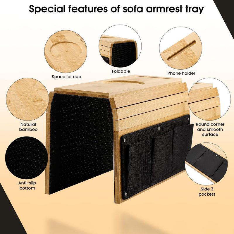 Sofa Armrest Tray With Side Pockets Holders